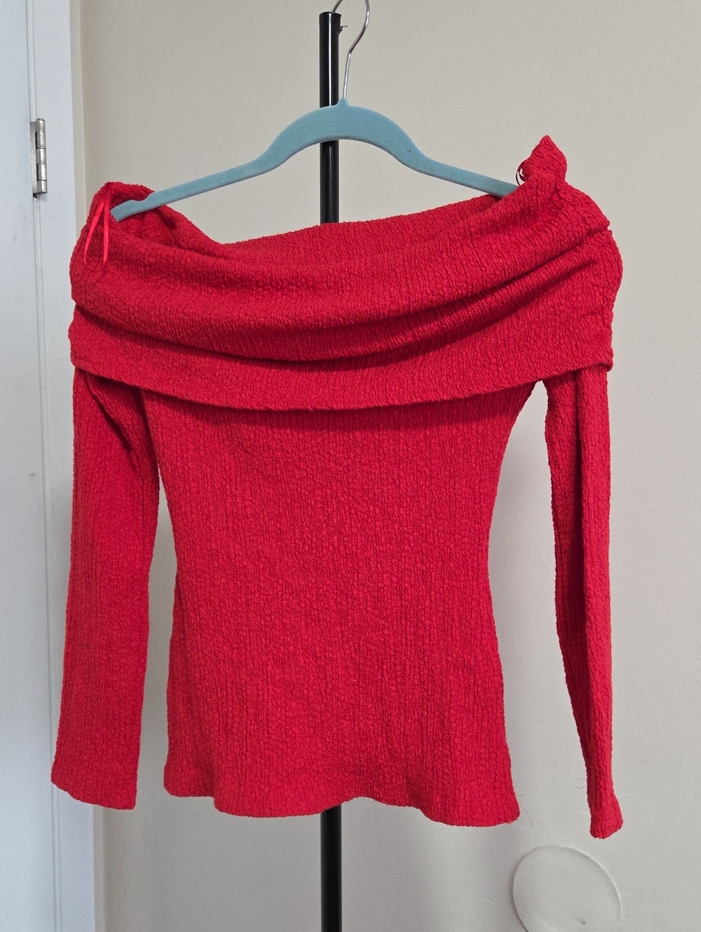 Zara Red Off-the-Shoulder Textured Knit Sweater